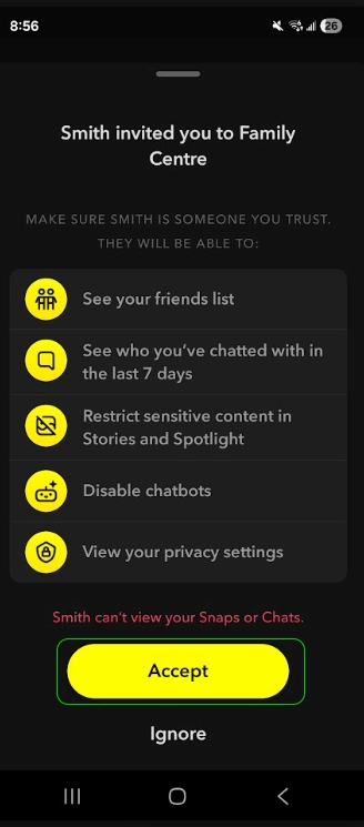 Snapchat Family Centre invite accept