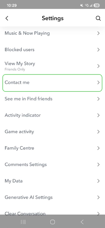 Snapchat settings with Contact me highlighted