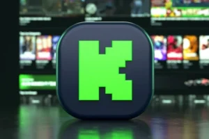 Logo Kick streamingu przed obrazem strony internetowej.