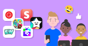 Cartoon of children with social media logos