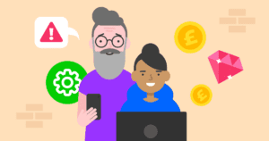 A father and child with devices surrounded by icons related to money and spending online.