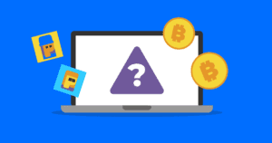 A laptop with cryptocurrency and NFT symbols surrounding it