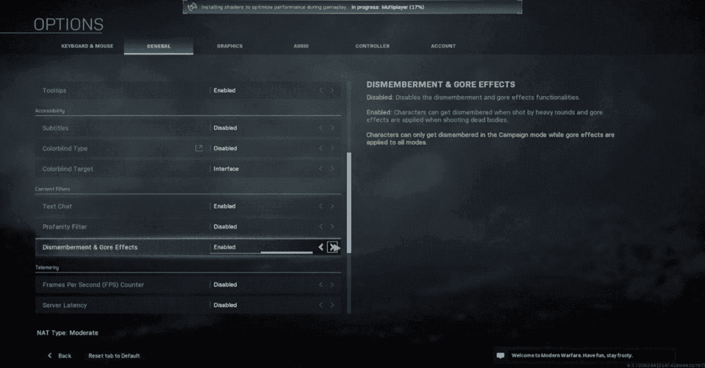 Options settings in call of duty game