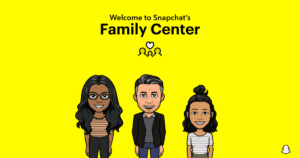Snapchat bitmoji characters with text that reads 'Welcome to Snapchat's Family Center'.