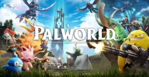 视频游戏开始屏幕背景上的 Palworld 徽标。