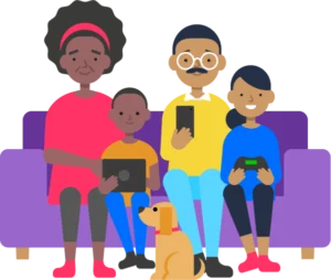A family sits on their sofa, holding various devices and a dog sitting at their feet
