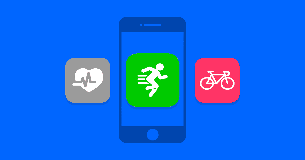 An illustration of a smartphone with fitness app icons, including running, heart rate, and cycling symbol.