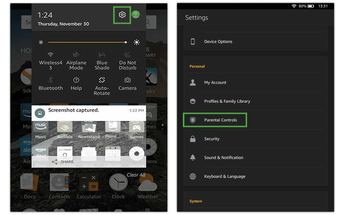 Screenshot of Amazon Fire HD tablet settings menu to set parental controls