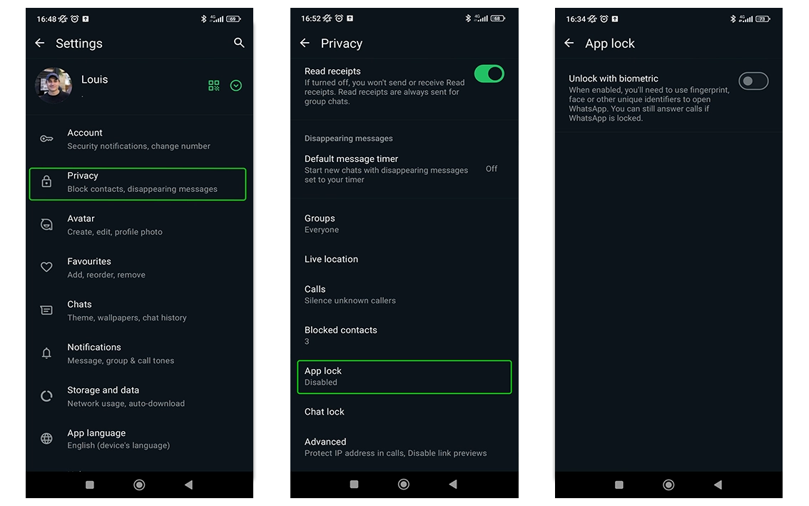 Screenshot della pagina delle impostazioni con l'opzione sulla privacy evidenziata, screenshot della pagina sulla privacy con l'opzione Blocco app evidenziata, screenshot che mostra la pagina Blocco app con sblocco con opzione di attivazione/disattivazione biometrica