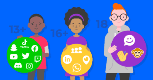 Kids of different age groups holding up app logos that are age appropriate for them