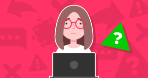 Image of girl with laptop looking worried with media literacy icons.