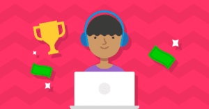 A boy is using a laptop surrounded by esports iconography.