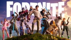 Fortnite characters standing together in front of the game logo.