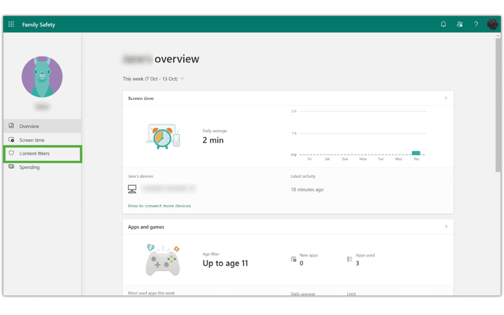 Screenshot of Windows 10 family settings content filters screen
