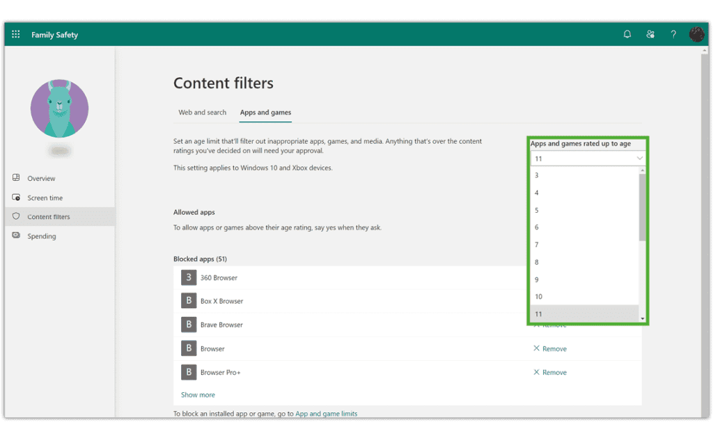 Screenshot of Windows 10 family setting content filters screen with age options highlighted