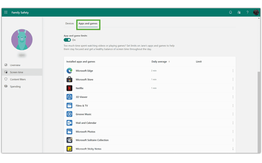 Screenshot of Windows 10 family settings for setting screen time limits with Apps and Games highlighted