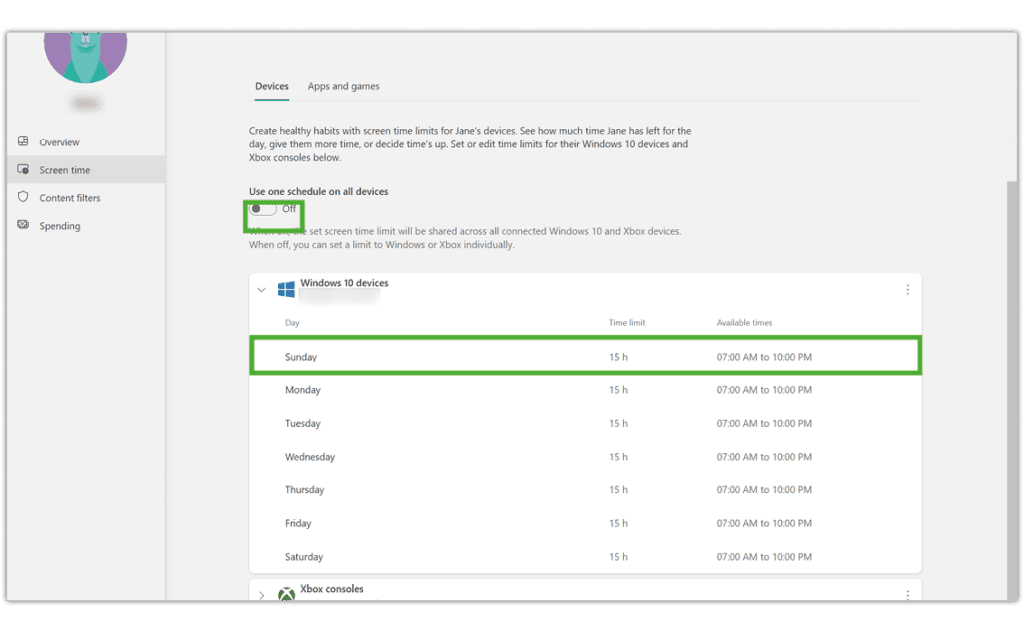 Screenshot of Windows 10 screen time settings showing daily schedules