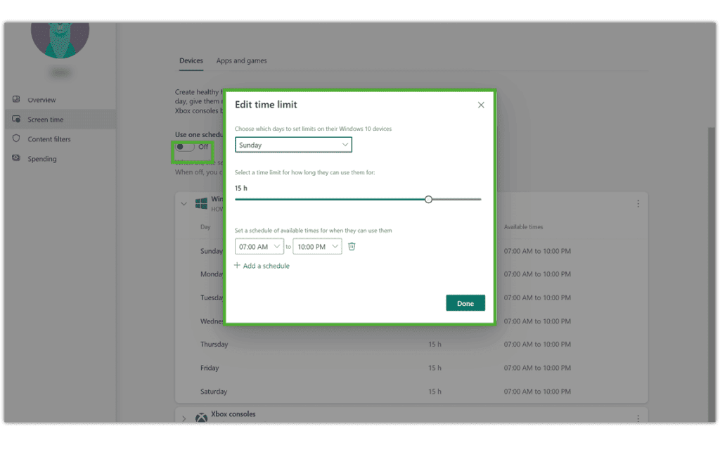 Screenshot of Windows 10 screen time options to set schedule for each day's usage