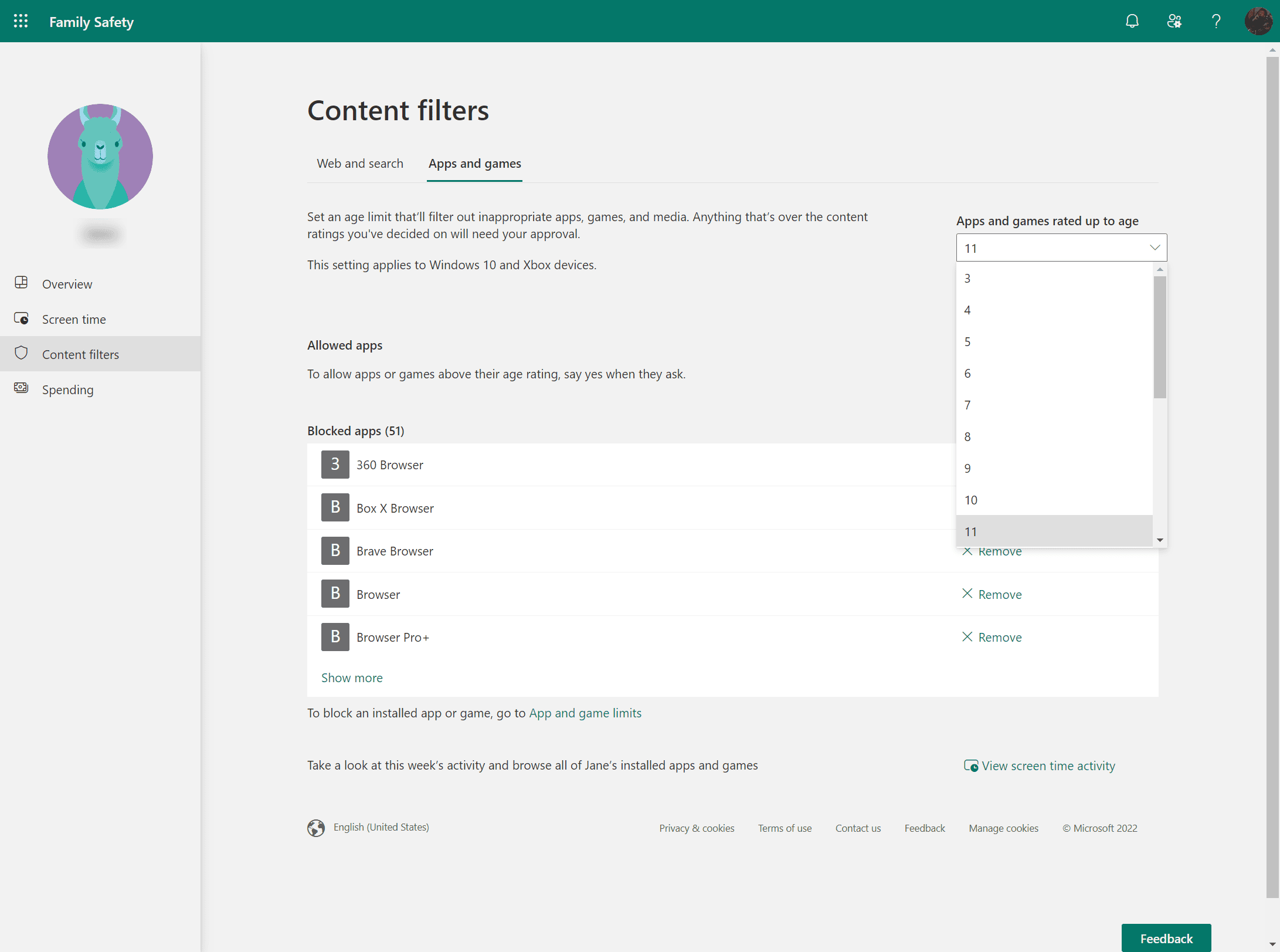 Screenshot of Windows 10 family settings content filters for apps and games