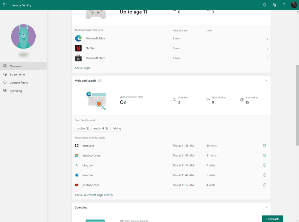 Screenshot of Windows 10 Family settings showing the overview of web and search on a child's account