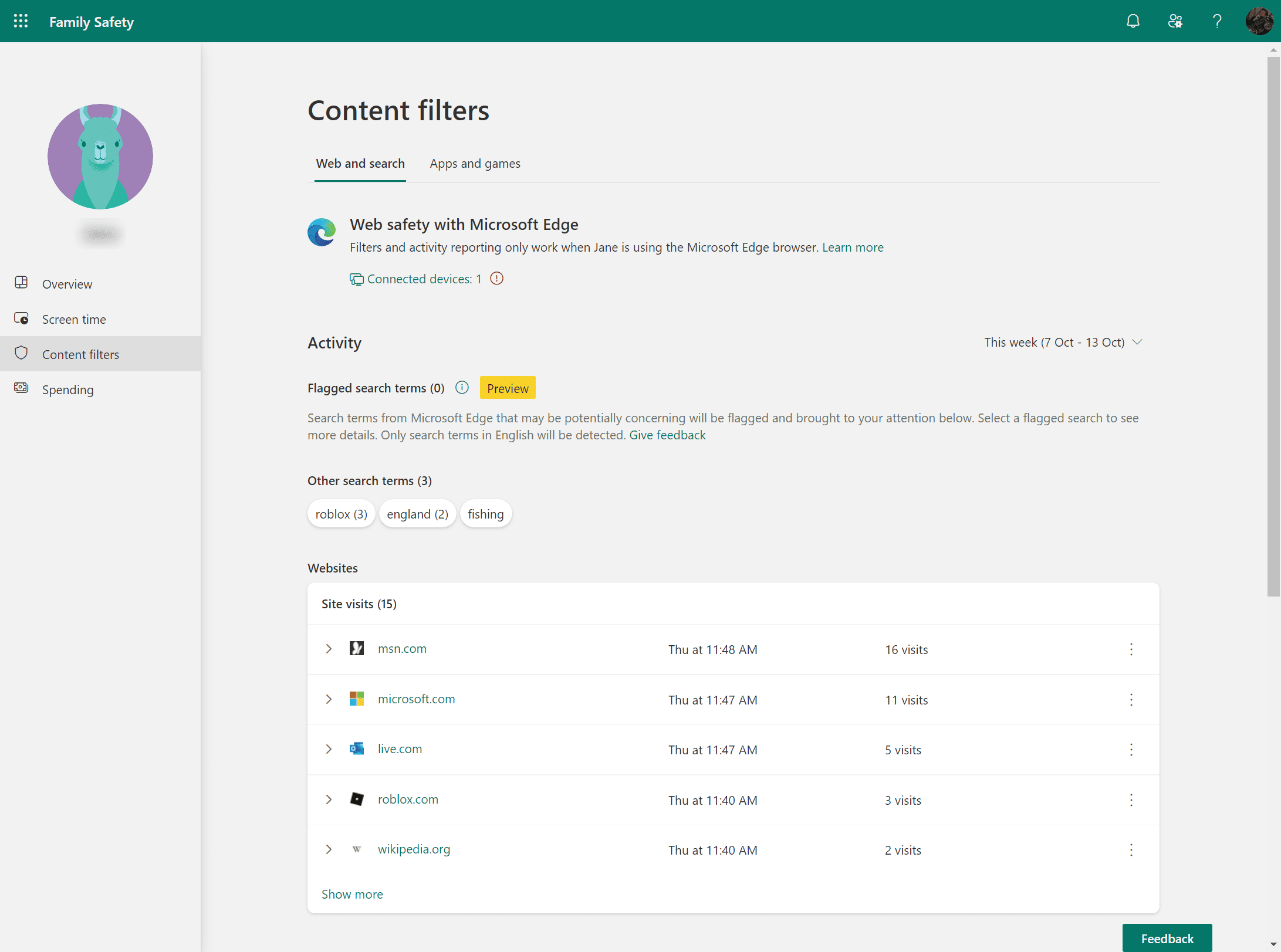Screenshot of Windows 10 Family settings content filters under web and search, showing search terms and visited websites