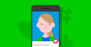 A smartphone with a dating profile image.