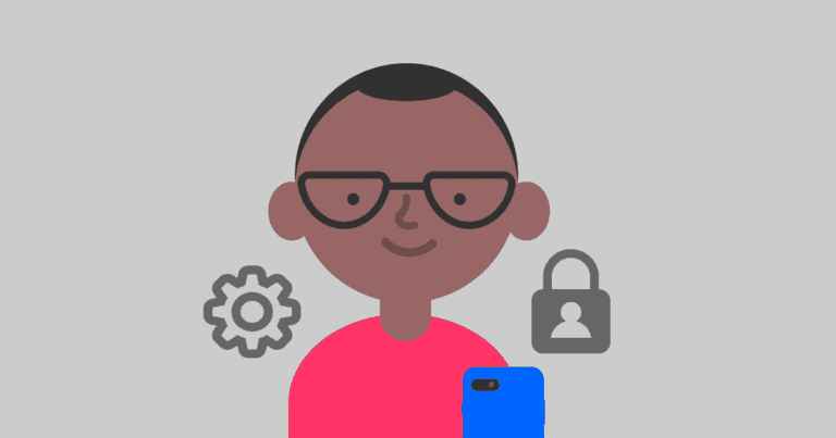 Child with smartphone and settings icons.