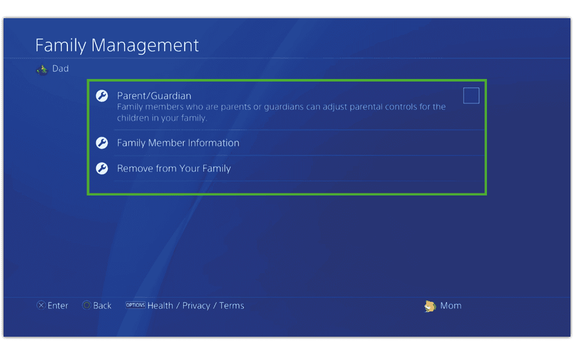 Screenshot of options to edit an adult user in PlayStation 4 parental controls with all options highlighted