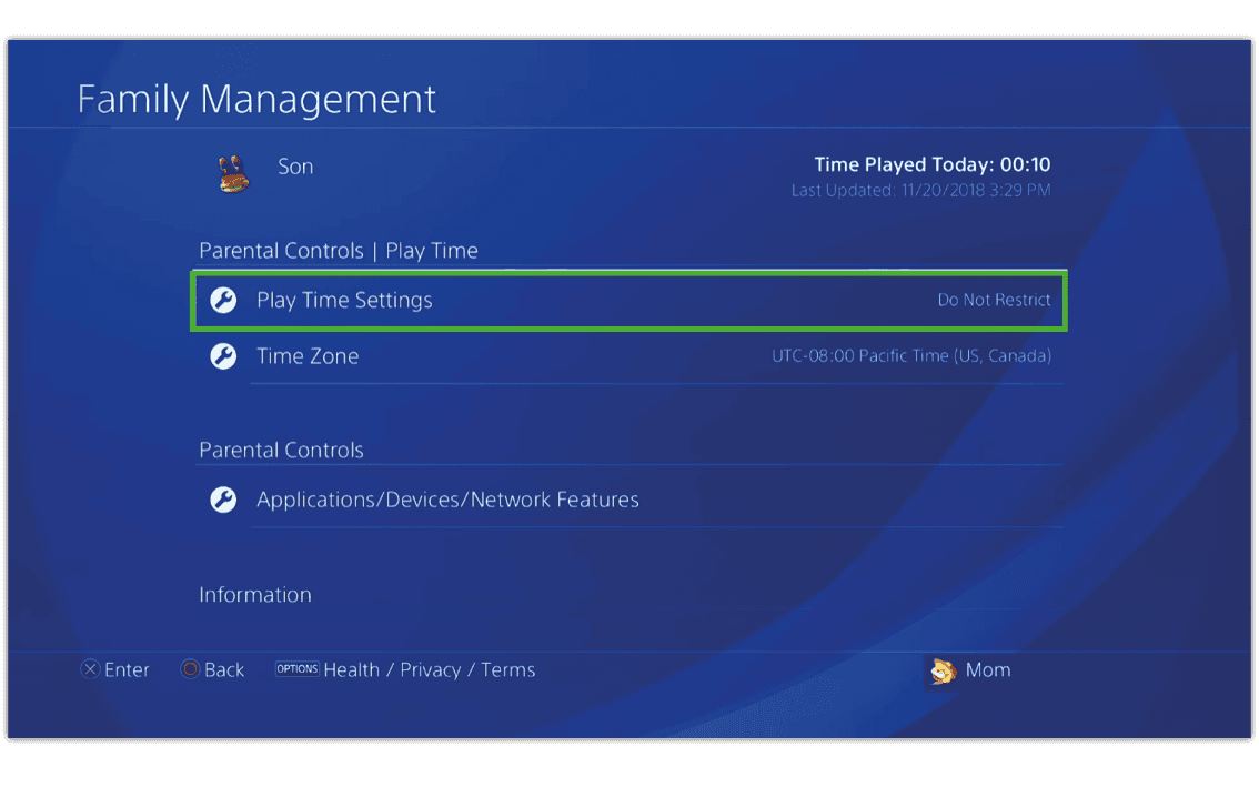 Screenshot of child's user screen with Play Time Settings highlighted to help manage screen time under PlayStation 4 parental controls