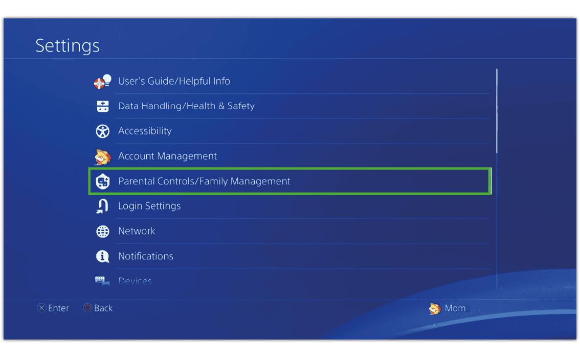 Screenshot of settings menu for PlayStation 4 with Parental Controls/Family Management highlighted