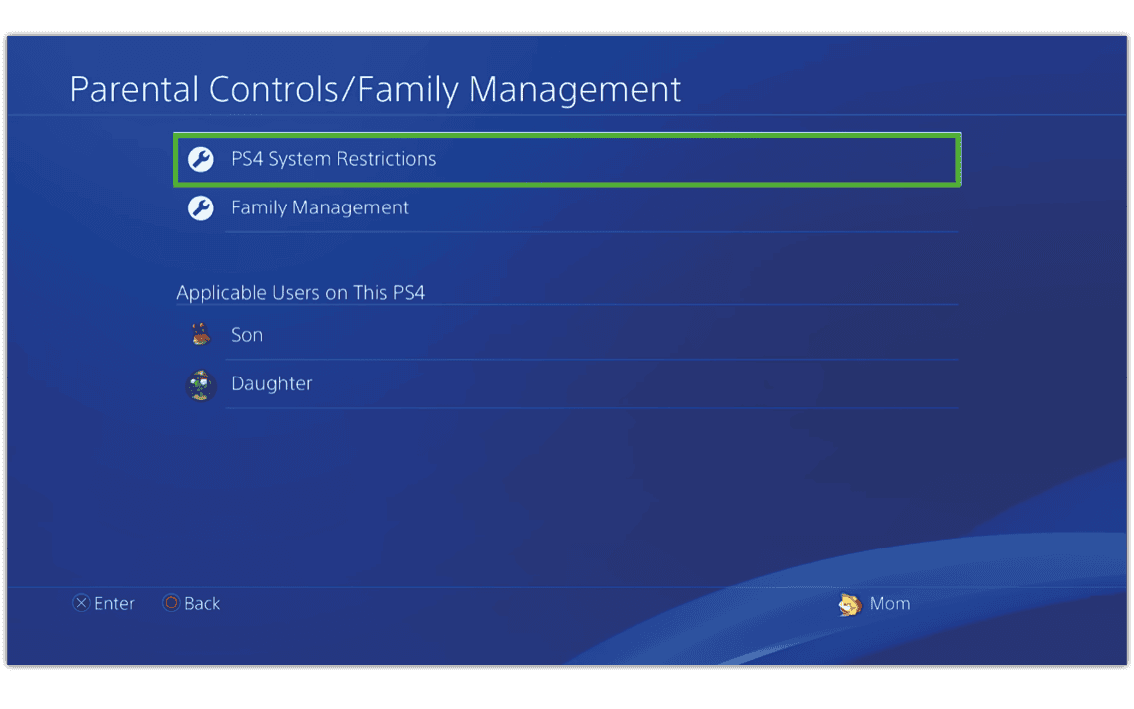 Screenshot of PlayStation 4 parental controls menu with PS4 System Restrictions highlighted