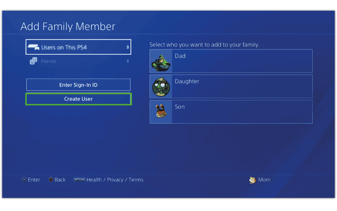 Screenshot of PlayStation 4 parental controls add family member screen with Create User highlighted