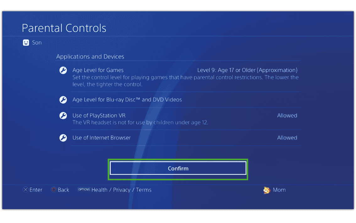 Screenshot of PlayStation 4 parental controls when creating a new user with Confirm highlighted