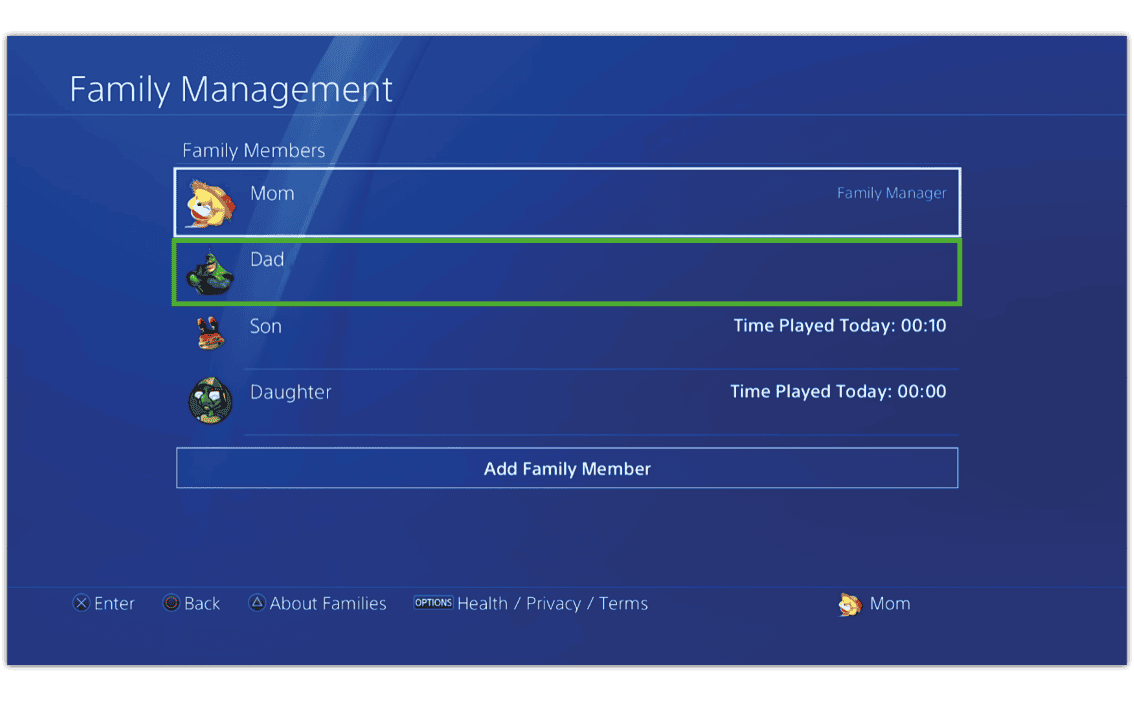 Screenshot of Family Management user screen for PlayStation 4 parental controls with adult player highlighted
