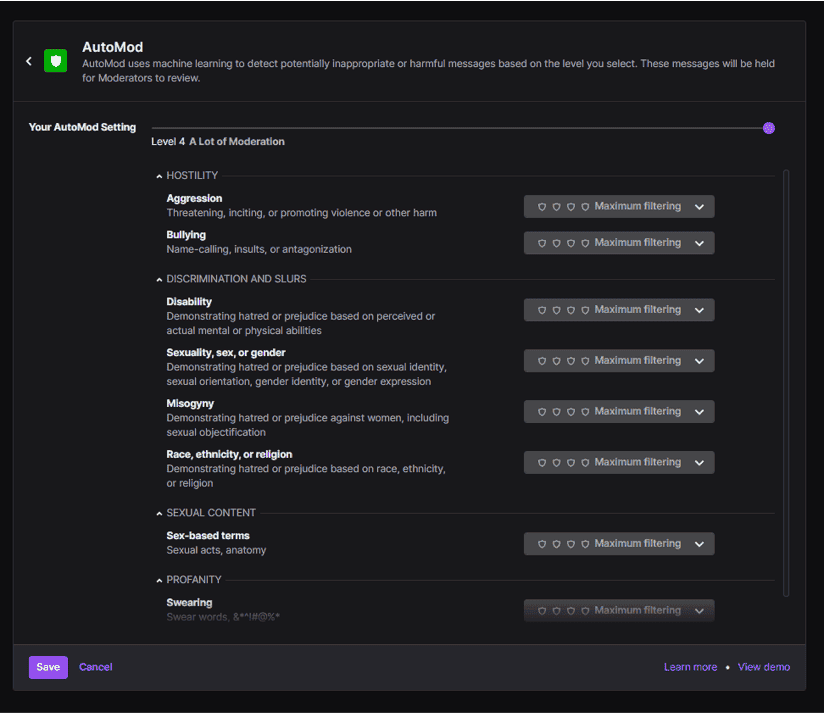 Screenshot of Twitch website settings