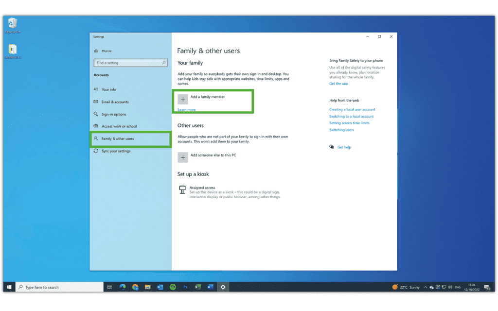 Screenshot of Windows 10 account menu with 'add family member' highlighted