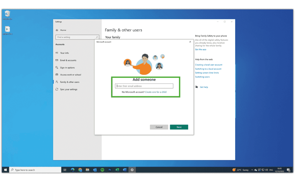 Screenshot of adding a new user on Windows 10 with the email address field highlighted