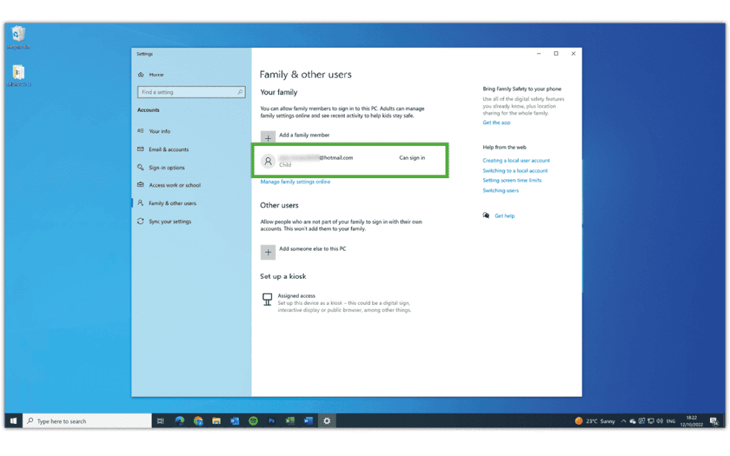 Screenshot of Windows 10 account menu with newly added user highlighted