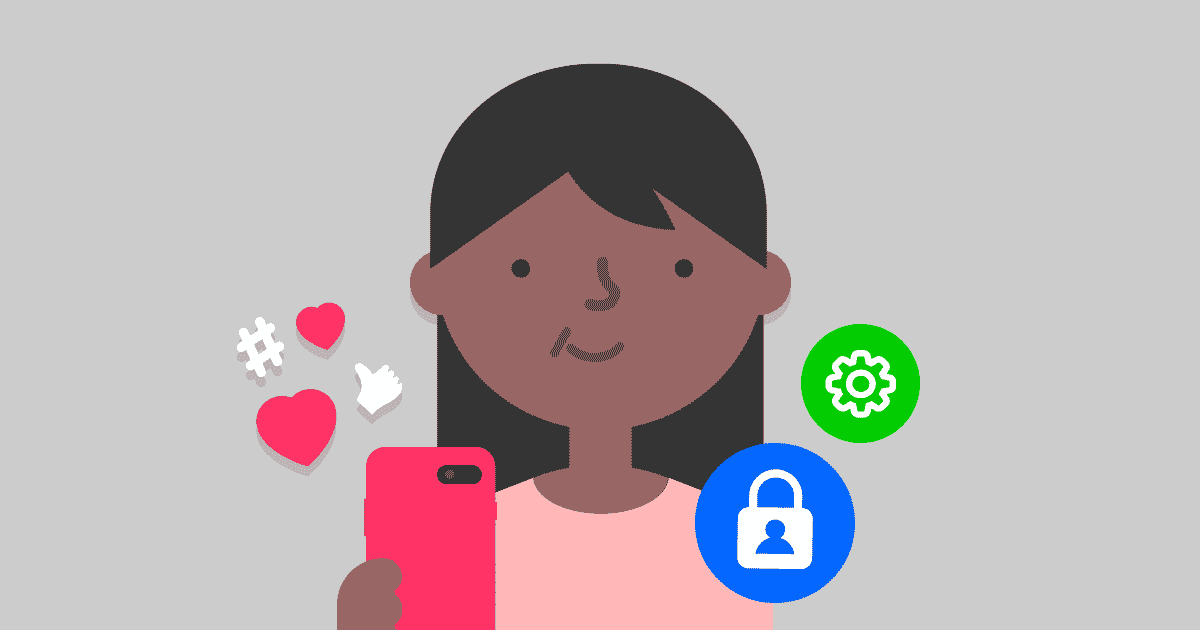 A girl holds a phone with social media icons around her.