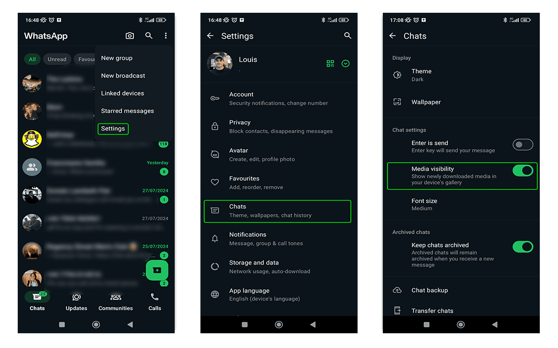 Screenshot of the WhatsApp home screen showing settings highlighted, screenshot of settings page with chats option highlighted, screenshot of chats page with media visibility toggle highlighted