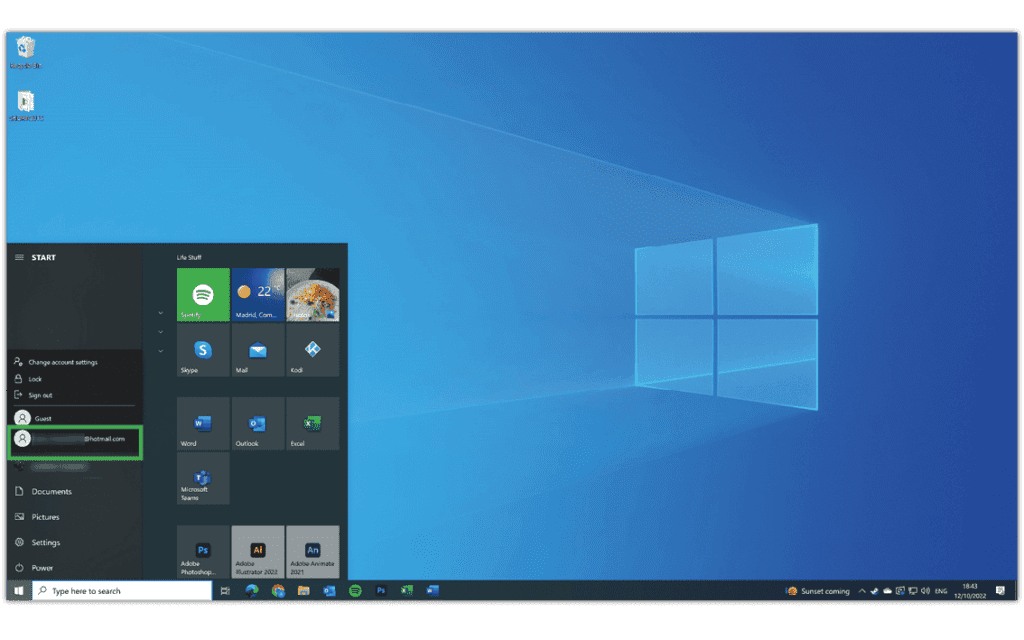 Screenshot of Windows 10 start menu opened with new user highlighted.