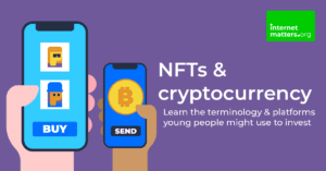mobile devices with characters and text on nfts and cryptocurrency