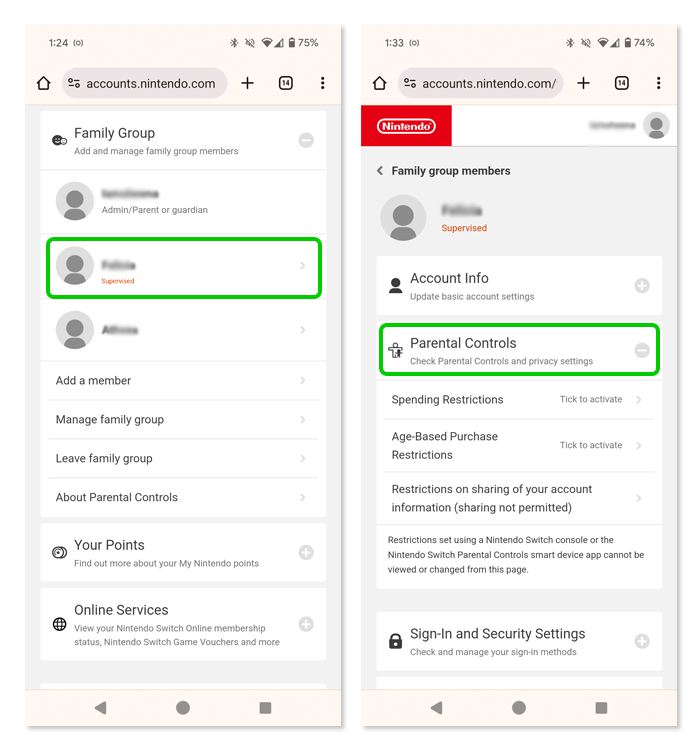 निनटेंडो फैमिली ग्रुप के सदस्य के खाते का स्क्रीनशॉट जिसमें अभिभावकीय नियंत्रण को हाइलाइट किया गया है।