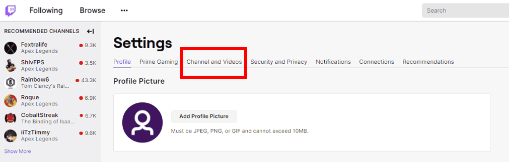 Screenshot of Twitch website settings