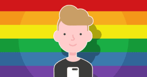 A child holding a smartphone in front of a rainbow flag.