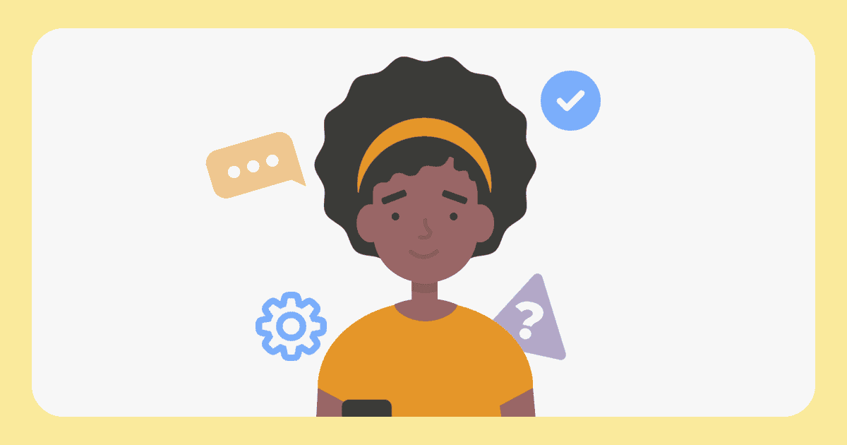 A mum with a smartphone and icons related to scams and security.