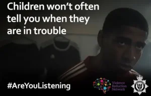 a teenager looking concerned. Text reads "Children won't often tell you when they are in trouble #AreYouListening"