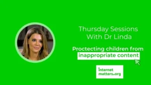 Una mujer habla a la cámara. La psicóloga Dra. Linda Papadopoulos comparte sus ideas sobre cómo proteger a los niños de contenido inapropiado