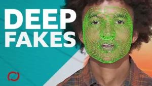 A teenager with his being scanned with digital facial recognition. Text reads "Deep fakes"