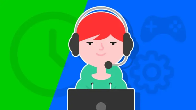 A teenager with headphones playing on a laptop